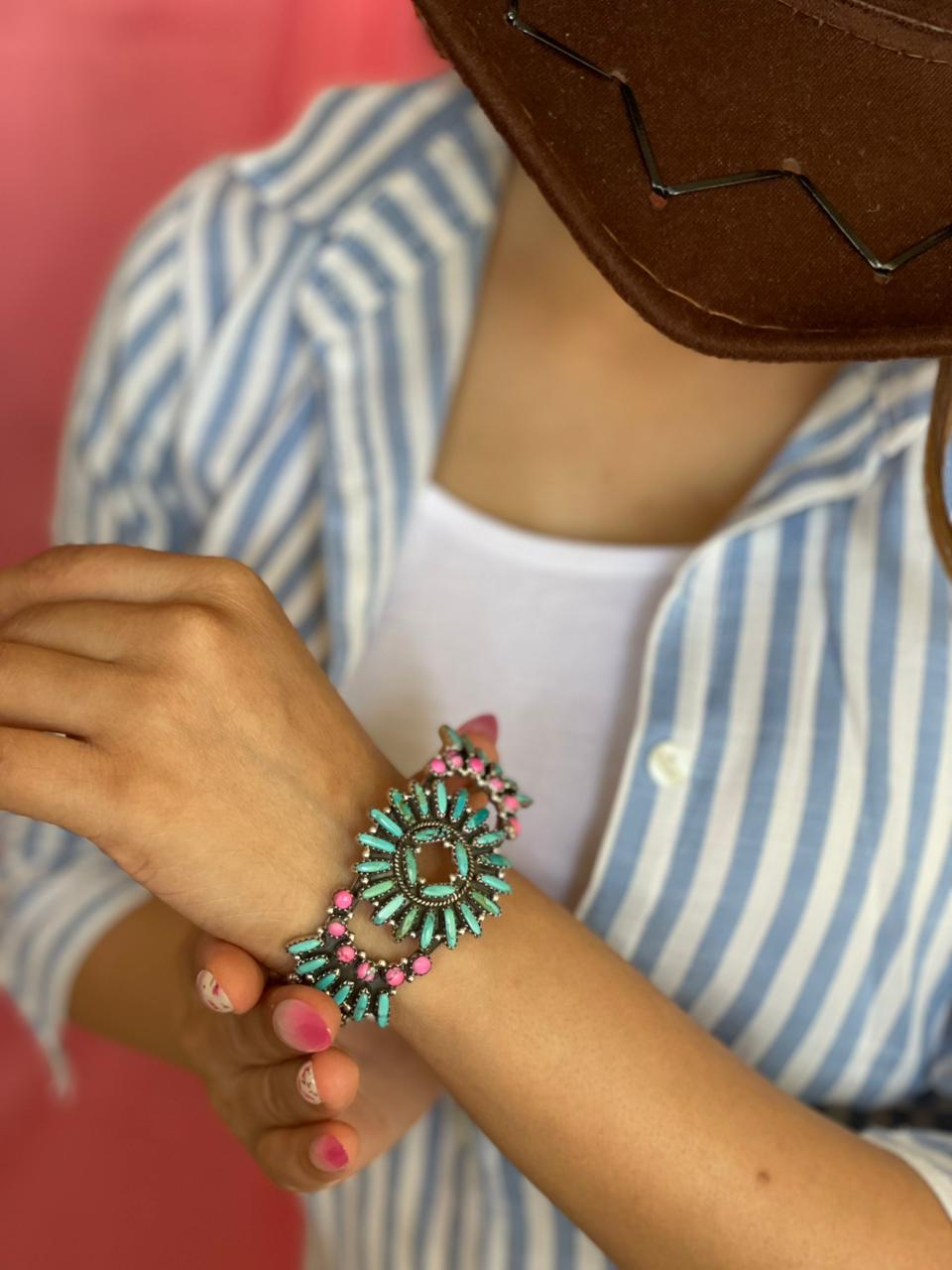 Handmade Sterling Silver Kingman Turquoise with Cotton Candy Cuff Bracelet "Signed Nizhoni"