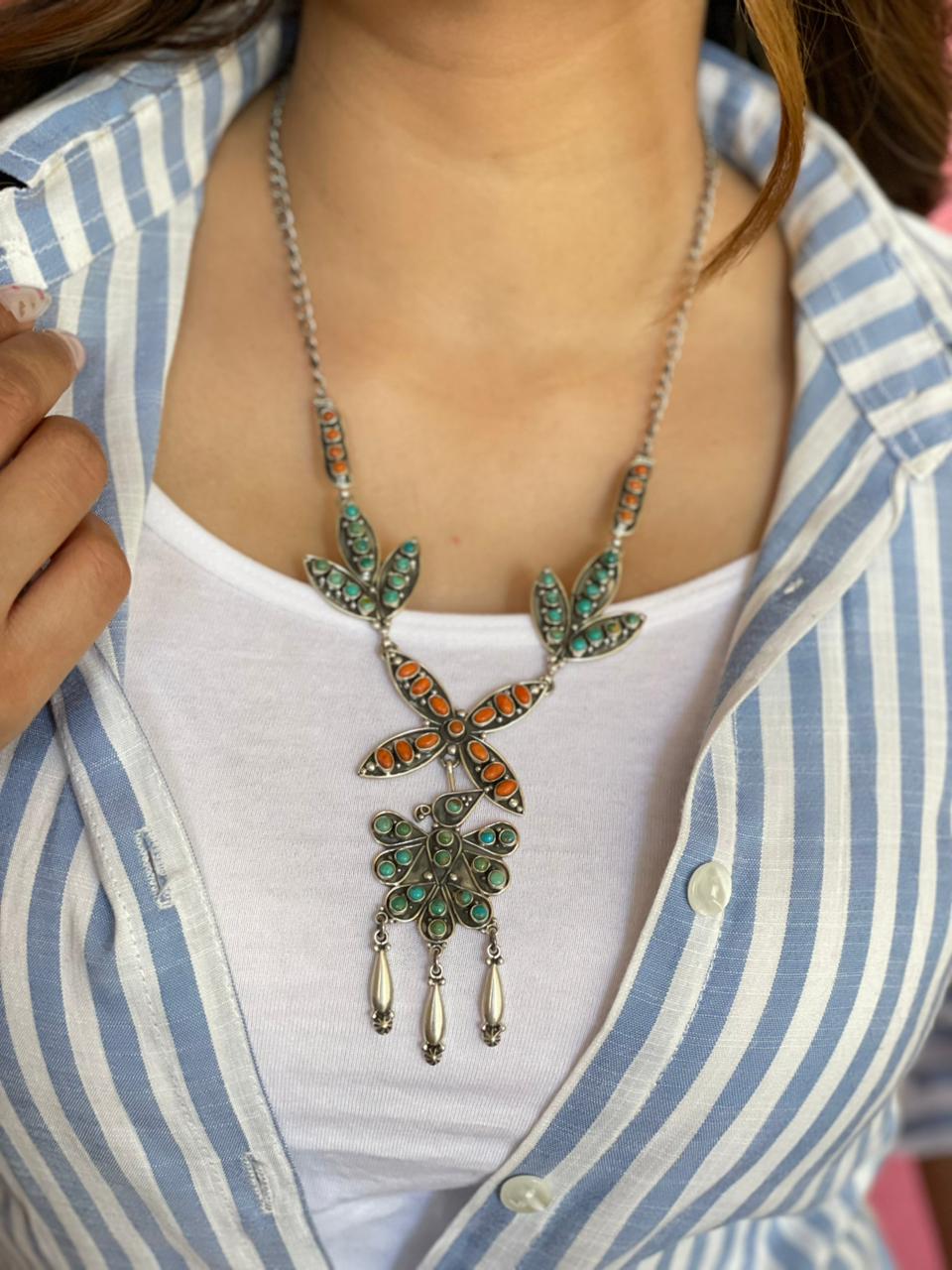 Handmade Sterling Silver Kingman Turquoise with Orange Mojave Necklace "Signed Nizhoni"
