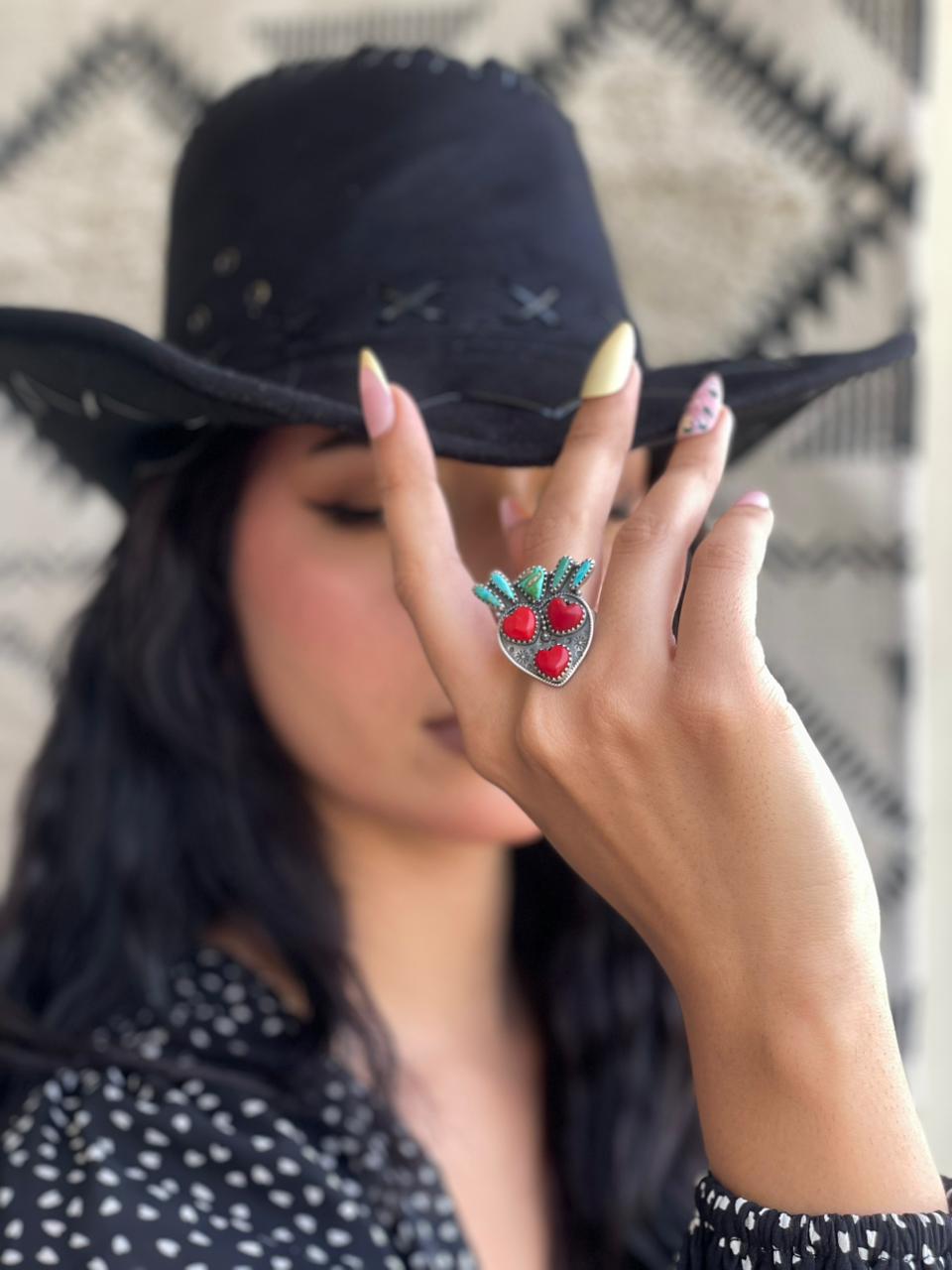 Handmade Sterling Silver Rosarita with Sonoran Mountain and Kingman Turquoise Cherry Adjustable Ring "Signed Nizhoni"