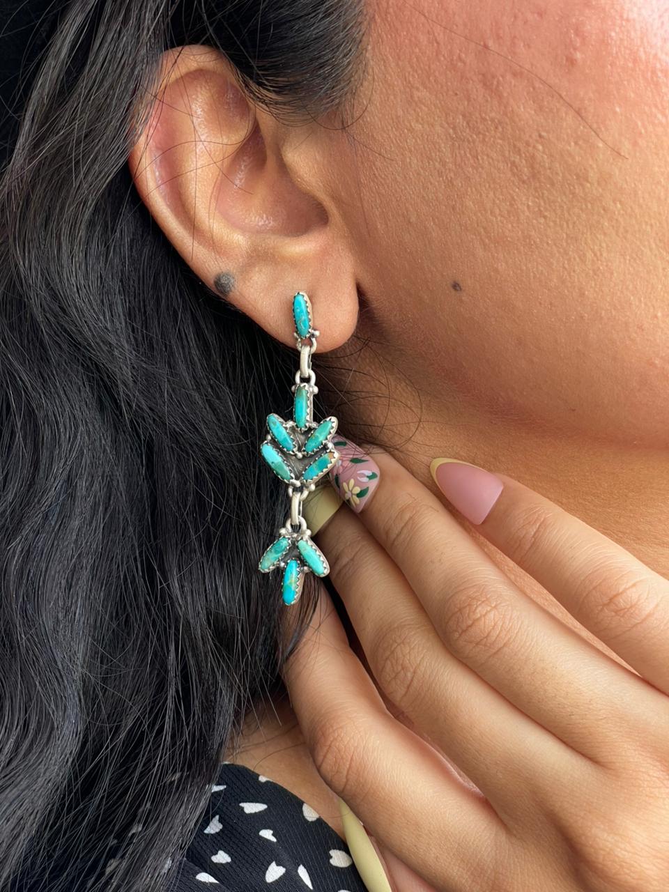 Handmade Sterling Silver Kingman Turquoise Post Dangle Earrings "Signed Nizhoni"