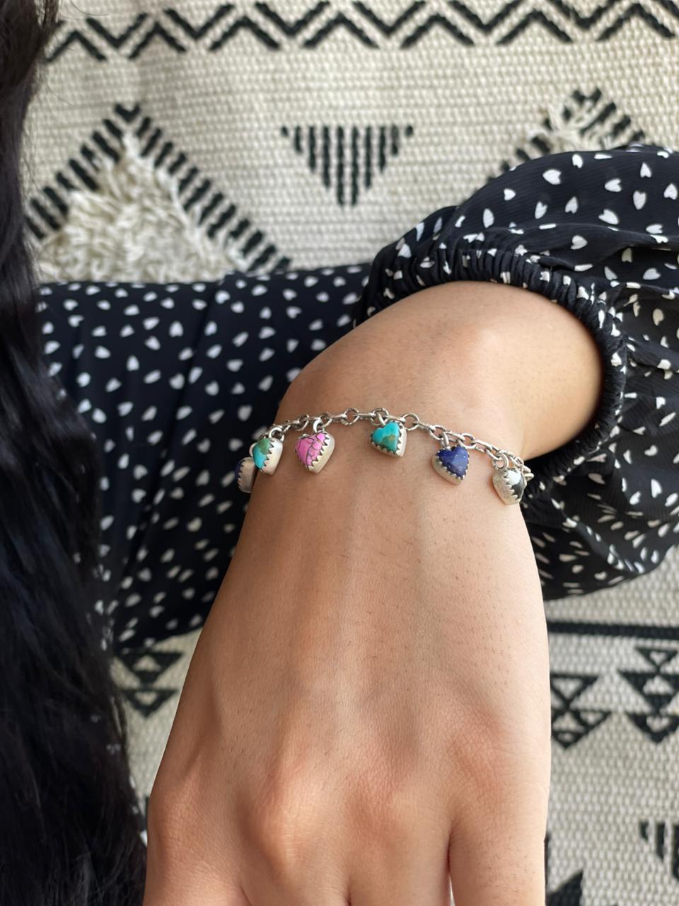 Handmade Sterling Silver White Buffalo with Cotton Candy, Lapis and Kingman Turquoise Chain Bracelet "Signed Nizhoni"