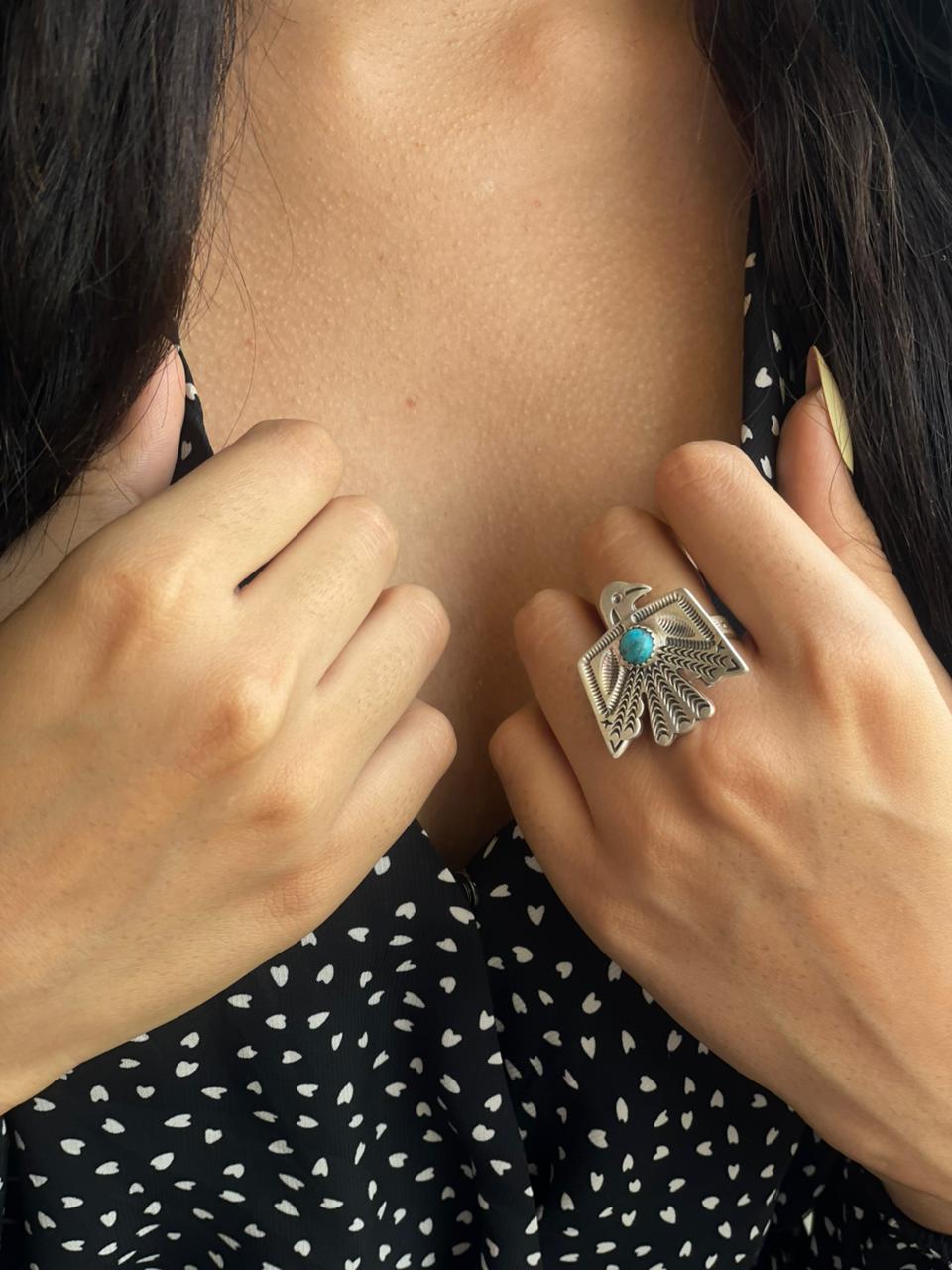 Handmade Sterling Silver Kingman Turquoise Thunderbird Adjustable Ring "Signed Nizhoni"