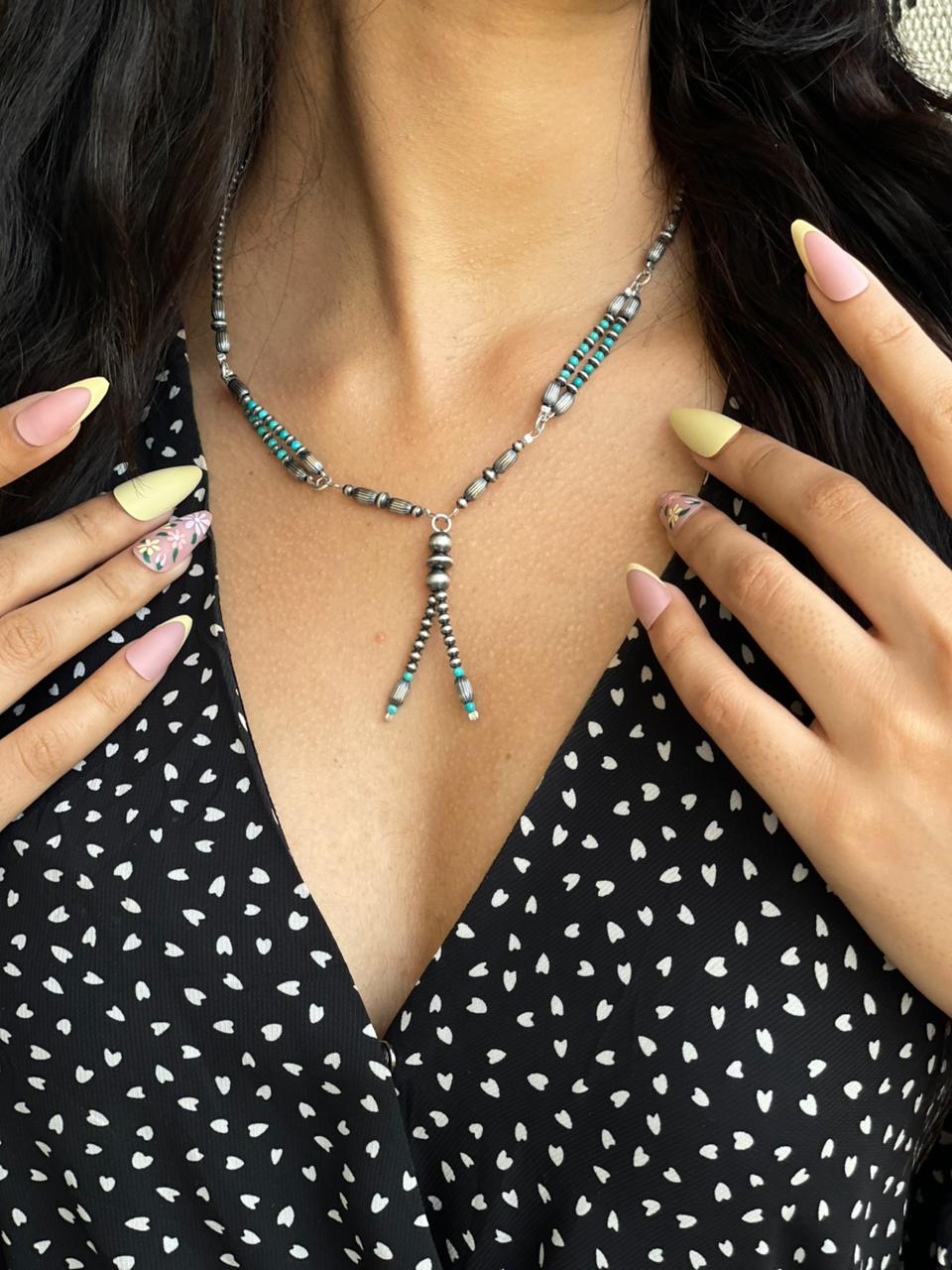 Handmade Sterling Silver Kingman Turquoise Beaded Necklace "Signed Nizhoni"