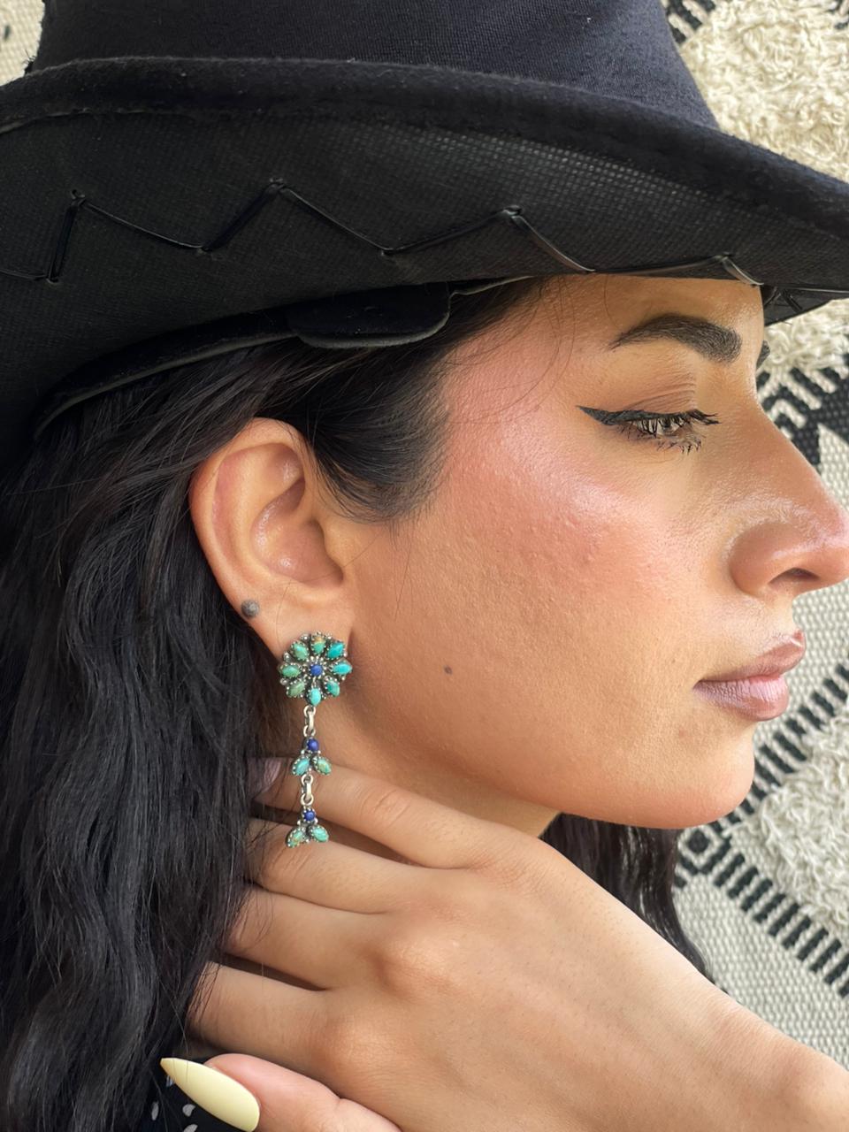 Handmade Sterling Silver Kingman Turquoise with Lapis Post Dangle Earrings "Signed Nizhoni"
