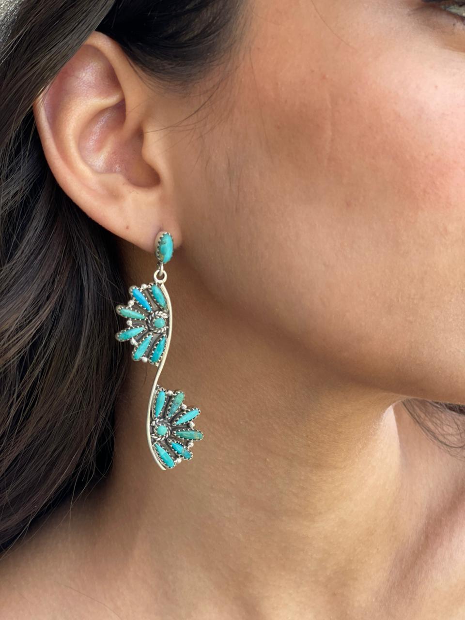 Handmade Sterling Silver Kingman Turquoise Post Dangle Earrings "Signed Nizhoni"