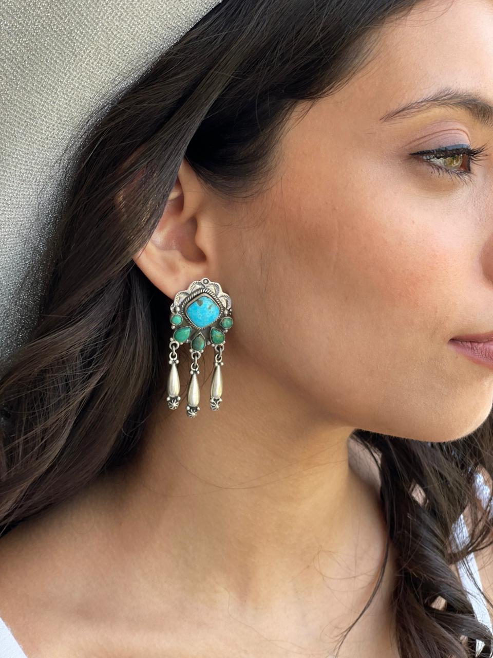 Handmade Sterling Silver Blue Kingman with Mojave Turquoise Post Dangle Earrings "Signed Nizhoni"
