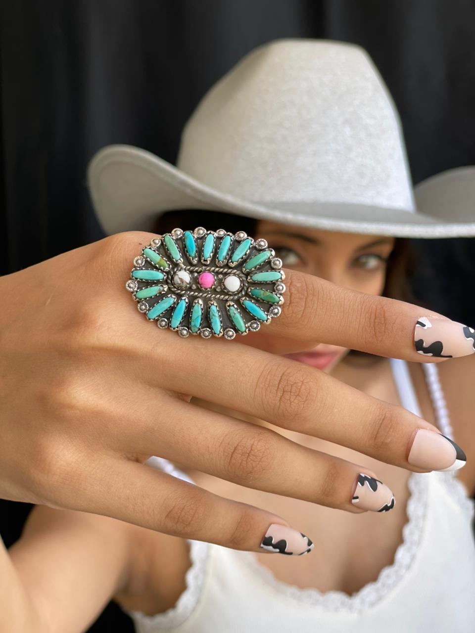 Handmade Sterling Silver Kingman Turquoise with Cotton Candy Adjustable Ring "Signed Nizhoni"