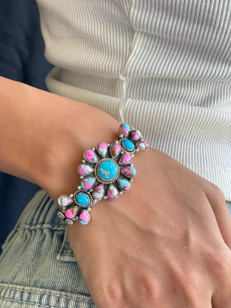 Handmade Sterling Silver Sierra Bella Turquoise with Cotton Candy Cuff Bracelet "Signed Nizhoni"