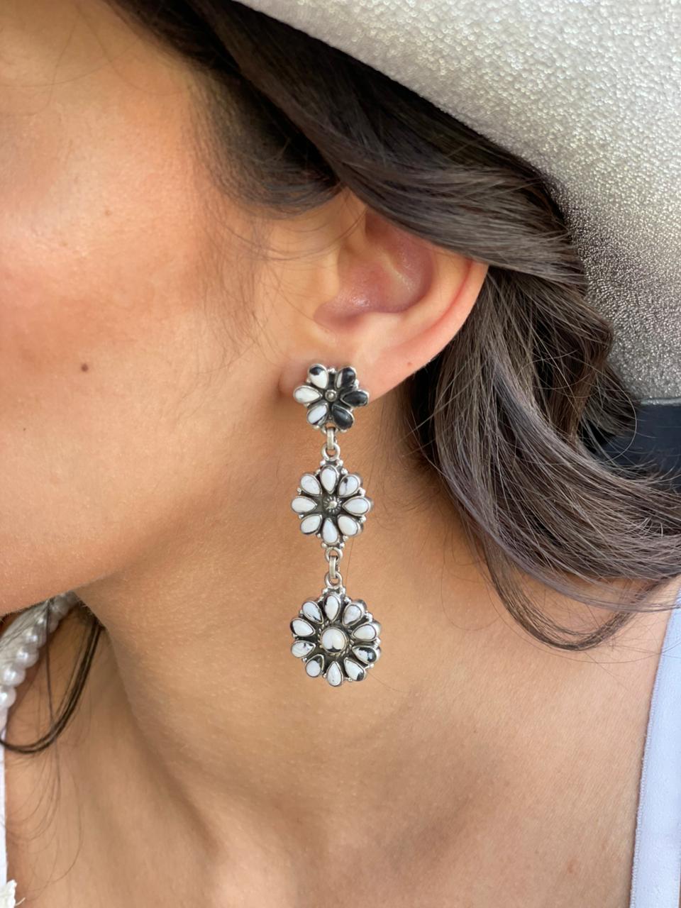 Handmade Sterling Silver White Buffalo Post Dangle Earrings "Signed Nizhoni"