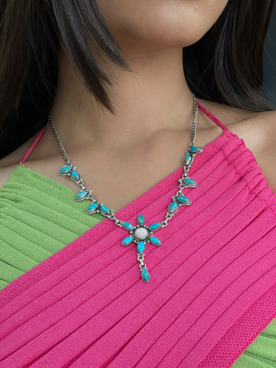 Handmade Sterling Silver Pink Opal with Kingman Turquoise Necklace Signed Nizhoni
