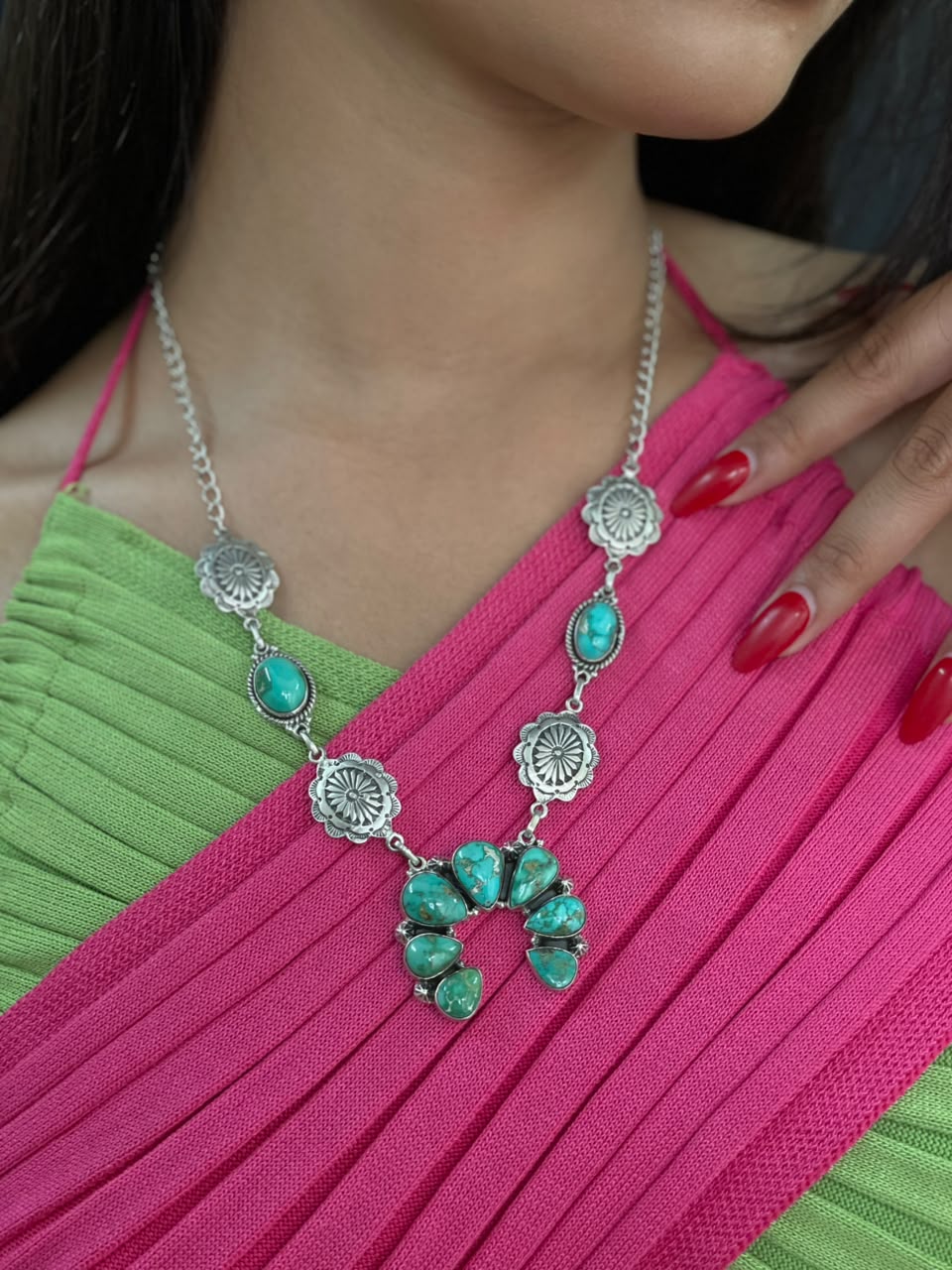 Handmade Sterling Silver Emerald Valley Turquoise Collection: Naja Necklace Signed Nizhoni