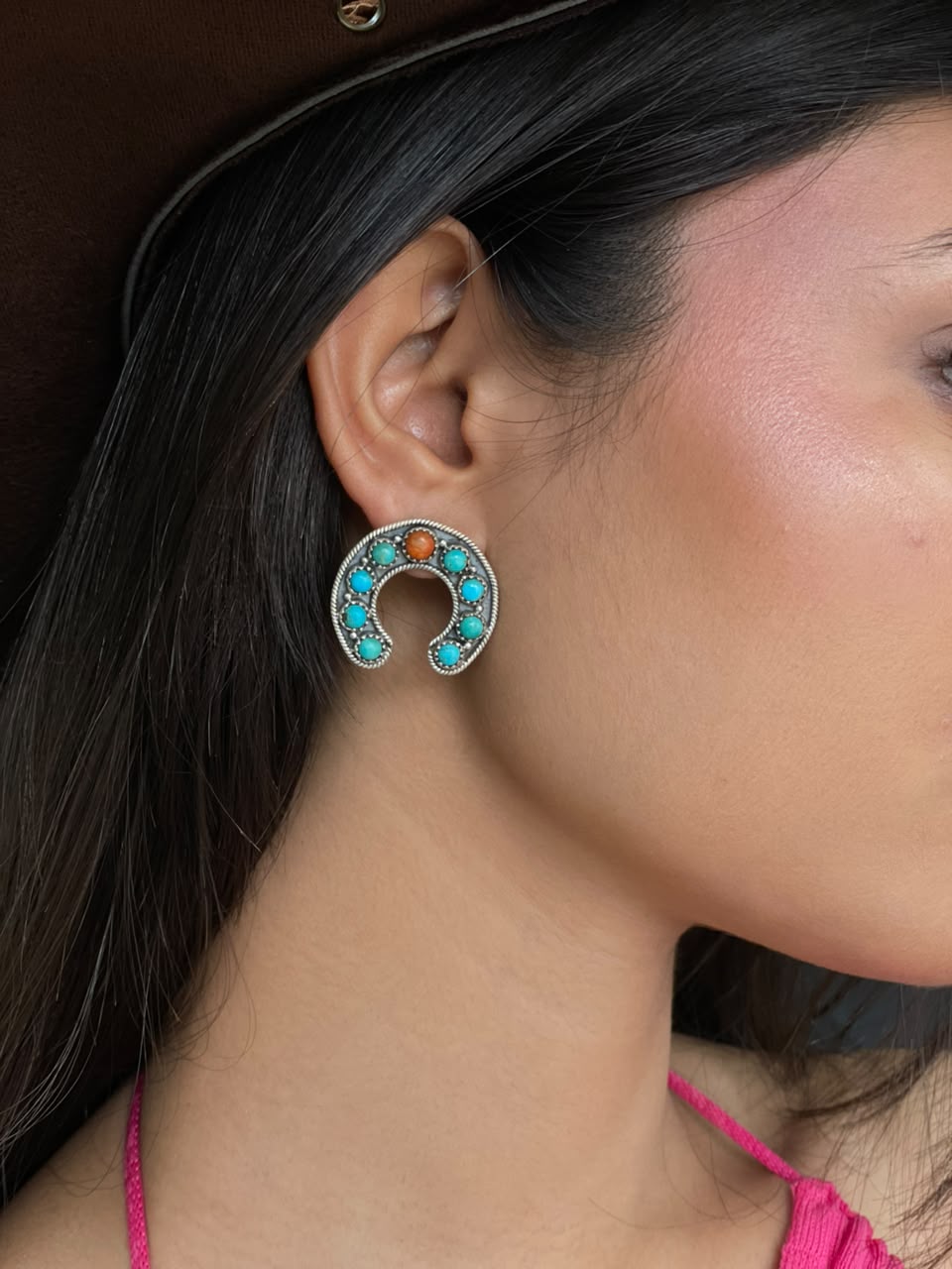 Handmade Sterling Silver Kingman Turquoise with Orange Mojave Post Studs Naja Earrings Signed Nizhoni