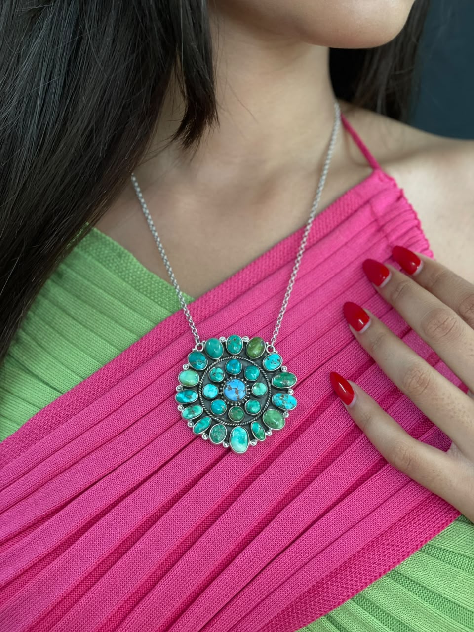 Handmade Sterling Silver Emerald Valley with Golden Hills Turquoise Collection: Necklace Signed Nizhoni