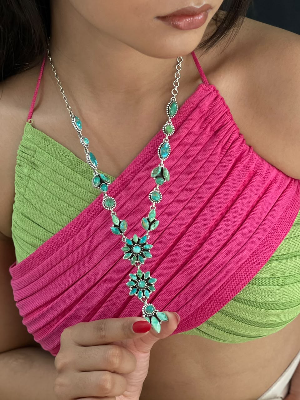 Handmade Sterling Silver Emerald Valley Turquoise Collection: Necklace Signed Nizhoni