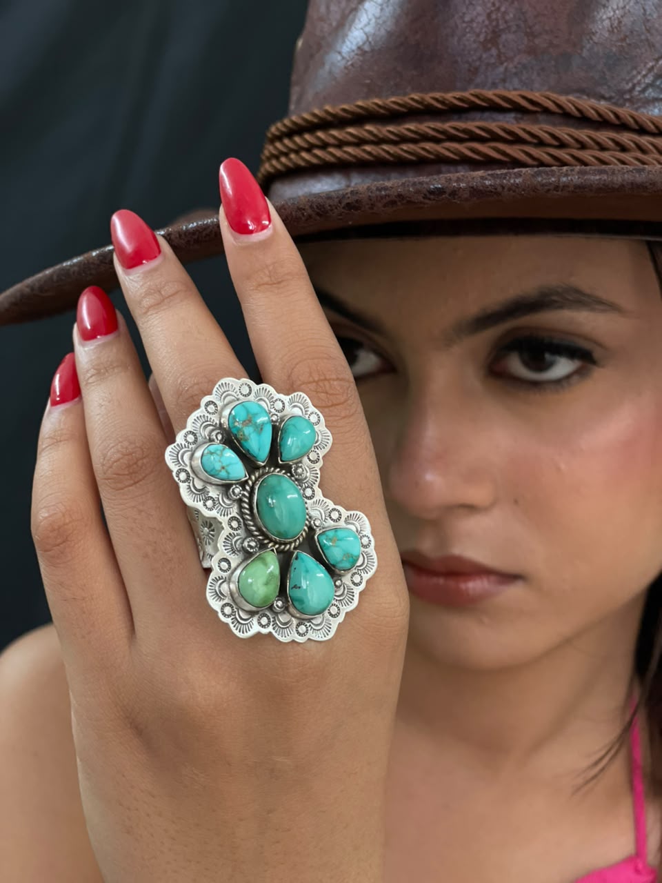 Handmade Sterling Silver Emerald Valley Turquoise Collection: Adjustable Ring Signed Nizhoni