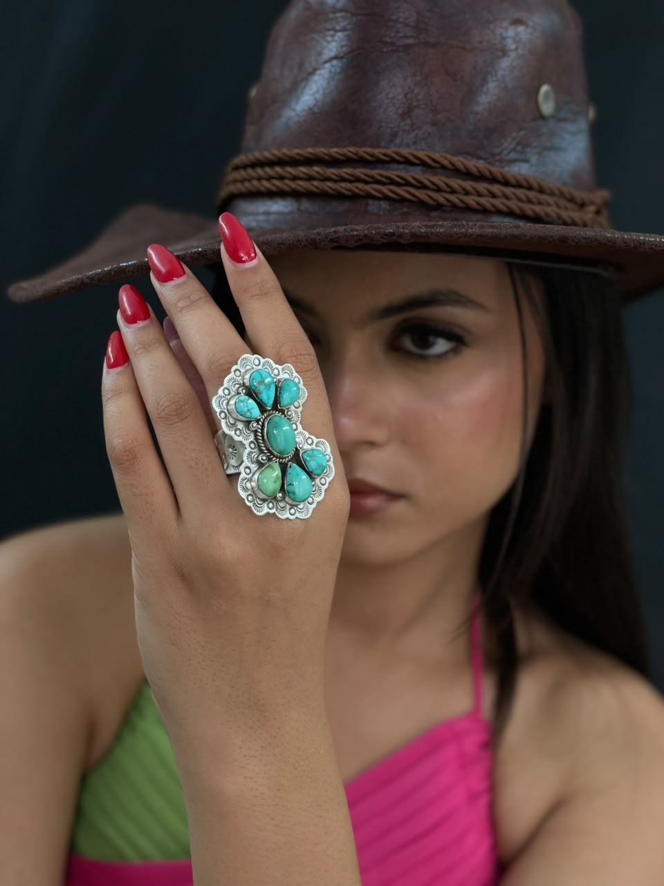 Handmade Sterling Silver Emerald Valley Turquoise Collection: Adjustable Ring Signed Nizhoni