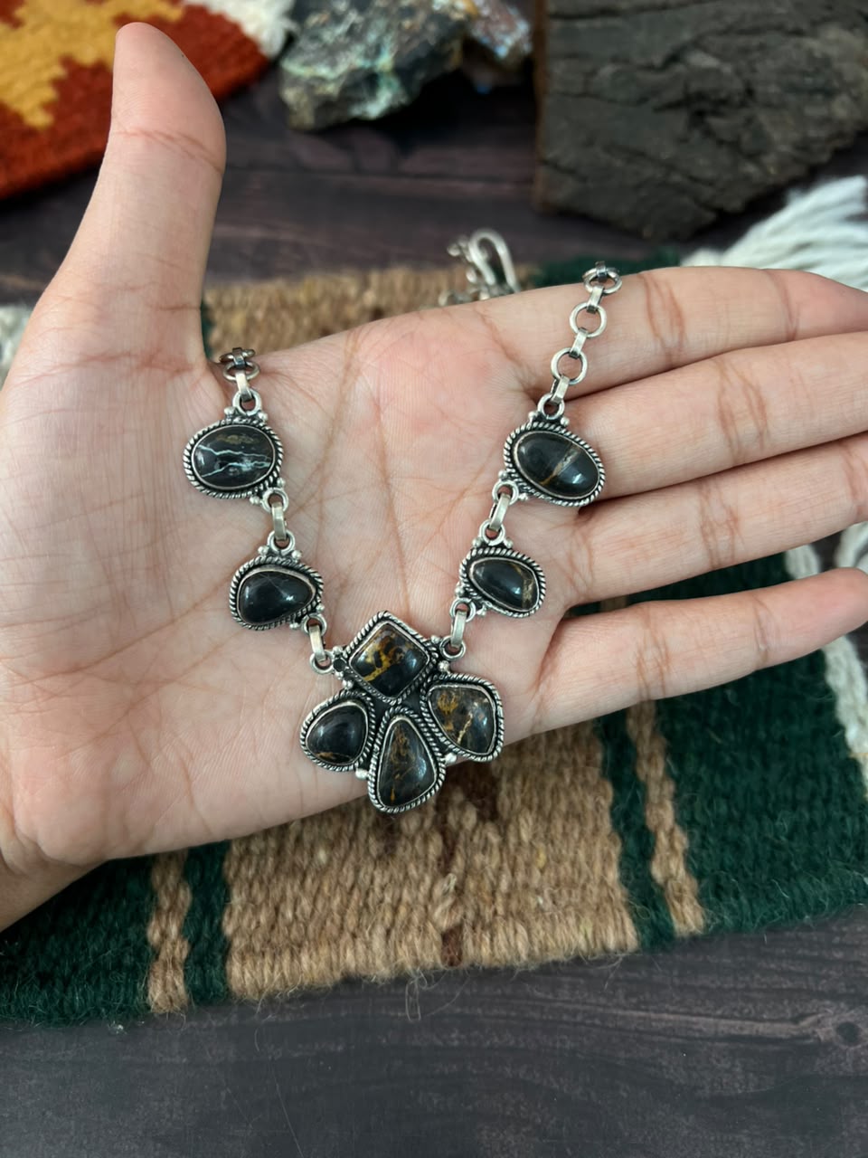 Handmade Sterling Silver Blackjack Turquoise Collection: Necklace Signed Nizhoni