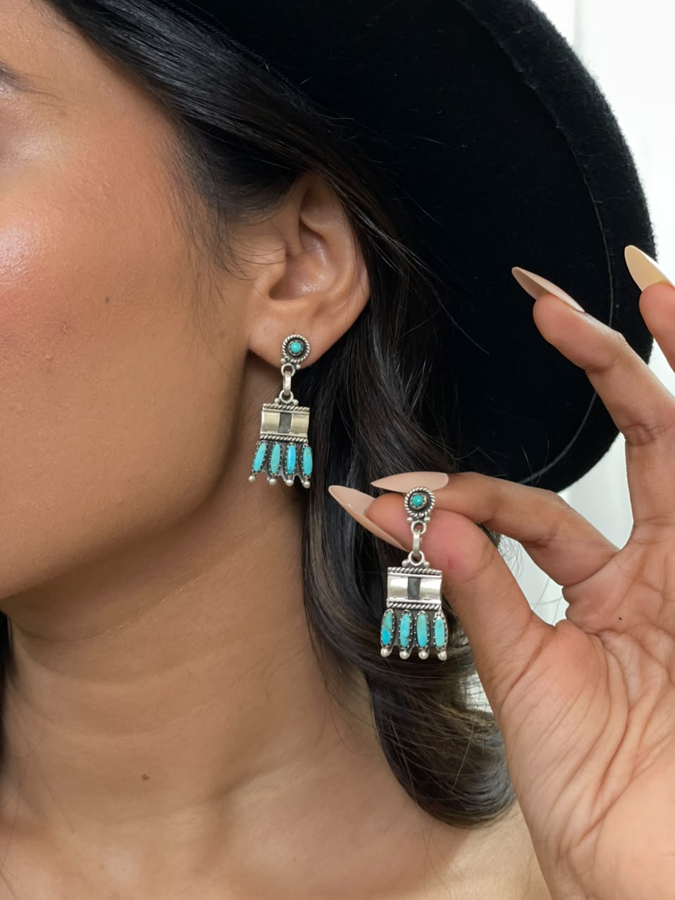 Handmade Sterling Silver Kingman Turquoise Post Dangle Earrings Signed Nizhoni