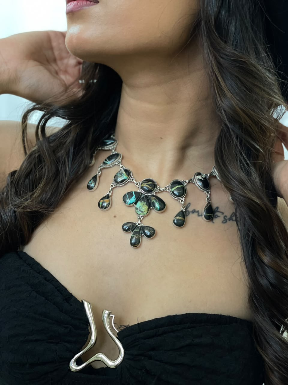 Handmade Sterling Silver Blackjack Turquoise Collection: Necklace Signed Nizhoni