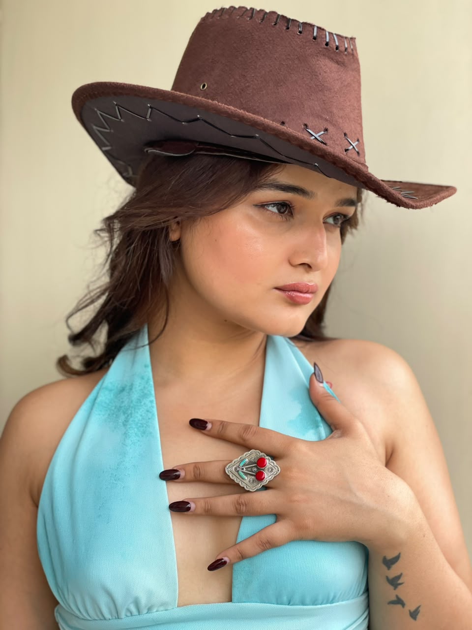 Handmade Sterling Silver Kingman Turquoise with Rosarita Adjustable Cherry Ring Signed Nizhoni