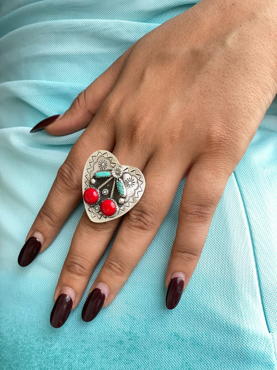 Handmade Sterling Silver Kingman Turquoise with Rosarita Adjustable Cherry Ring Signed Nizhoni