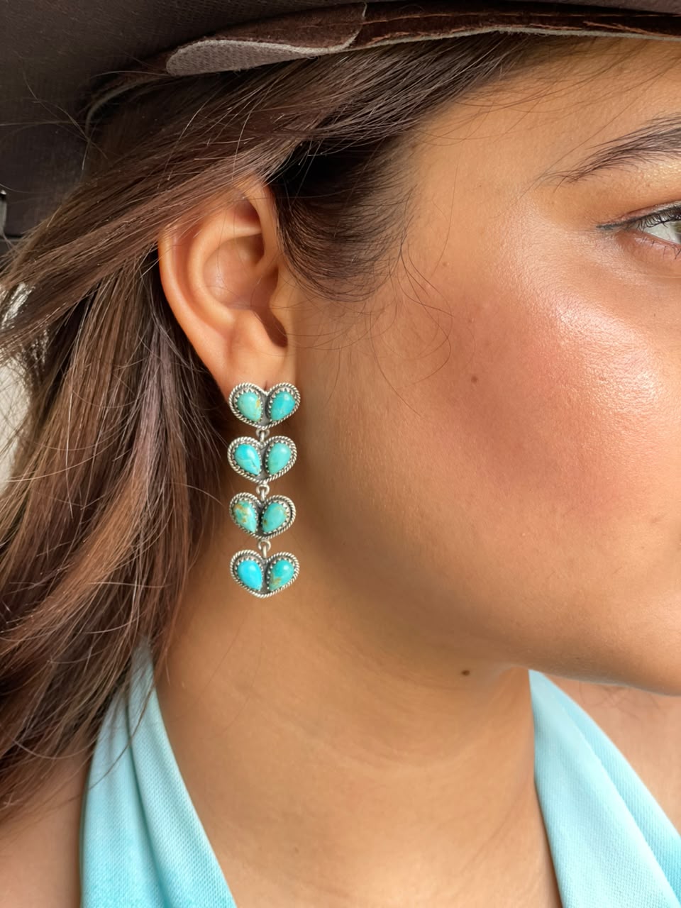 Handmade Sterling Silver Kingman Turquoise Post Dangle Heart Earrings Signed Nizhoni