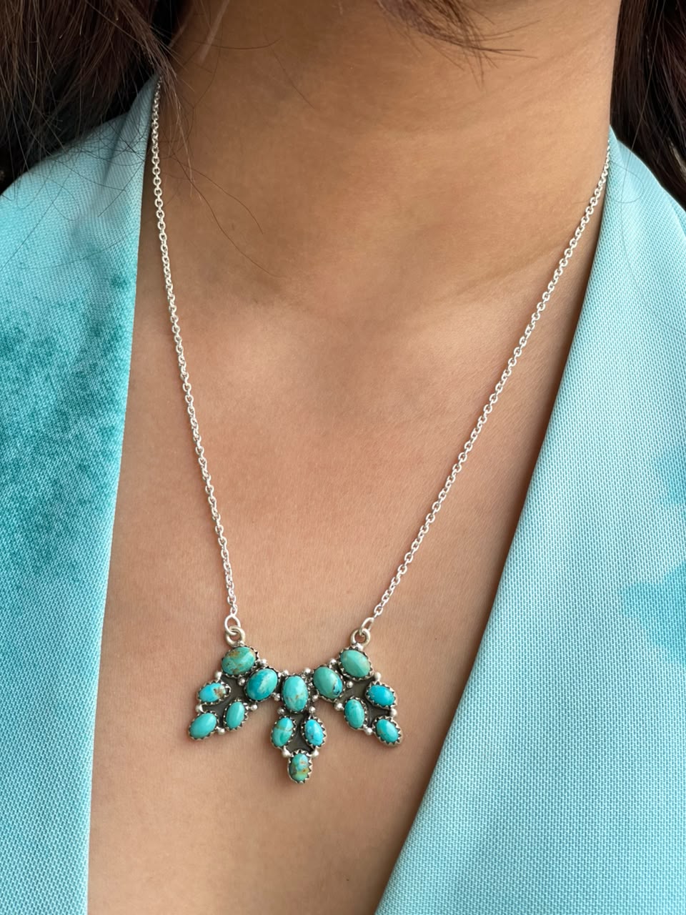 Handmade Sterling Silver Kingman Turquoise Necklace Signed Nizhoni •99