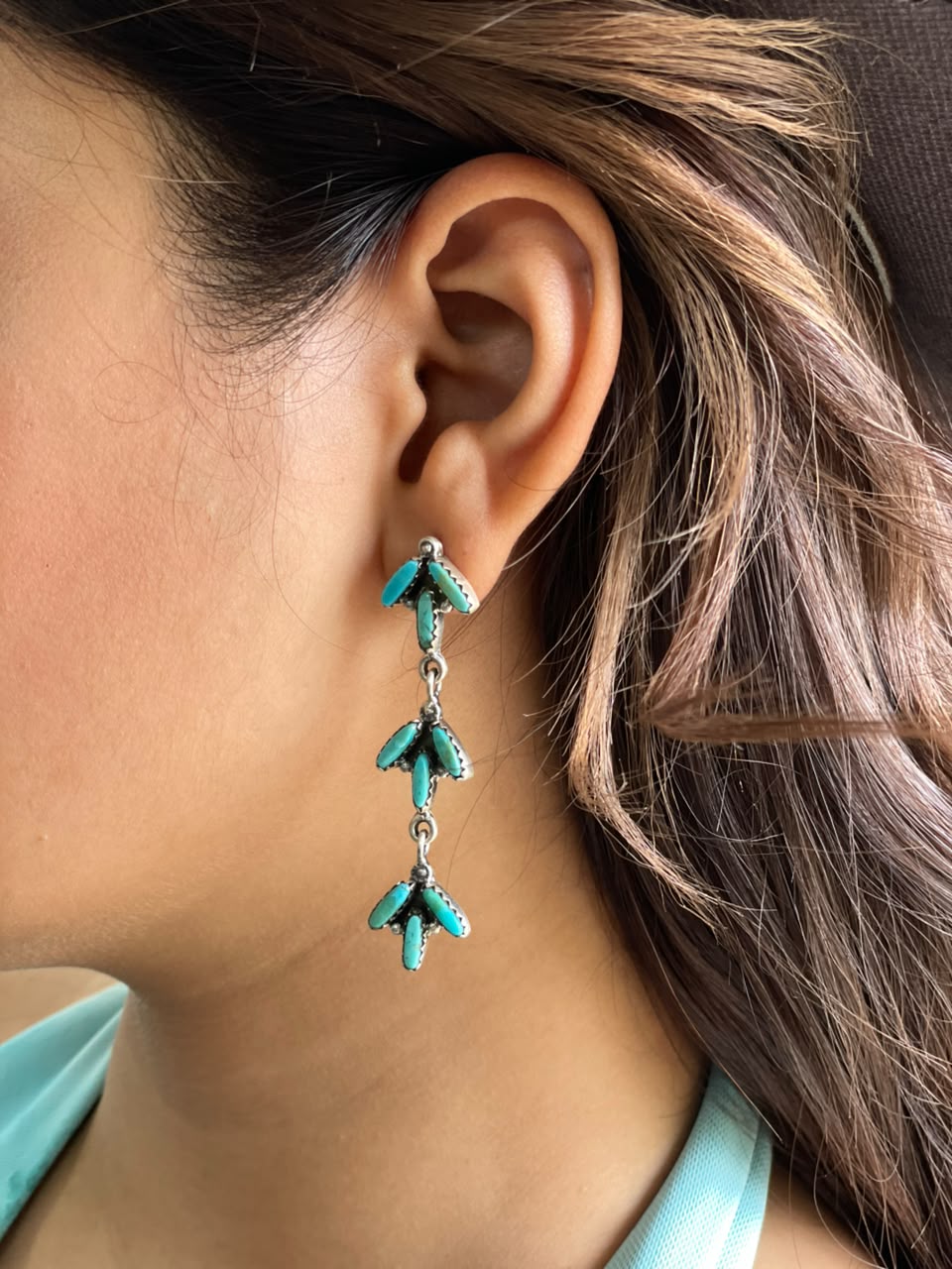 Handmade Sterling Silver Kingman Turquoise Post Dangle Earrings Signed Nizhoni (4)