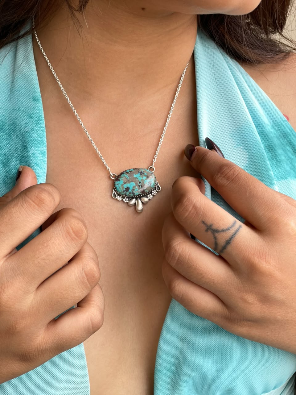 Handmade Sterling Silver Manassa Turquoise Necklace Signed Nizhoni