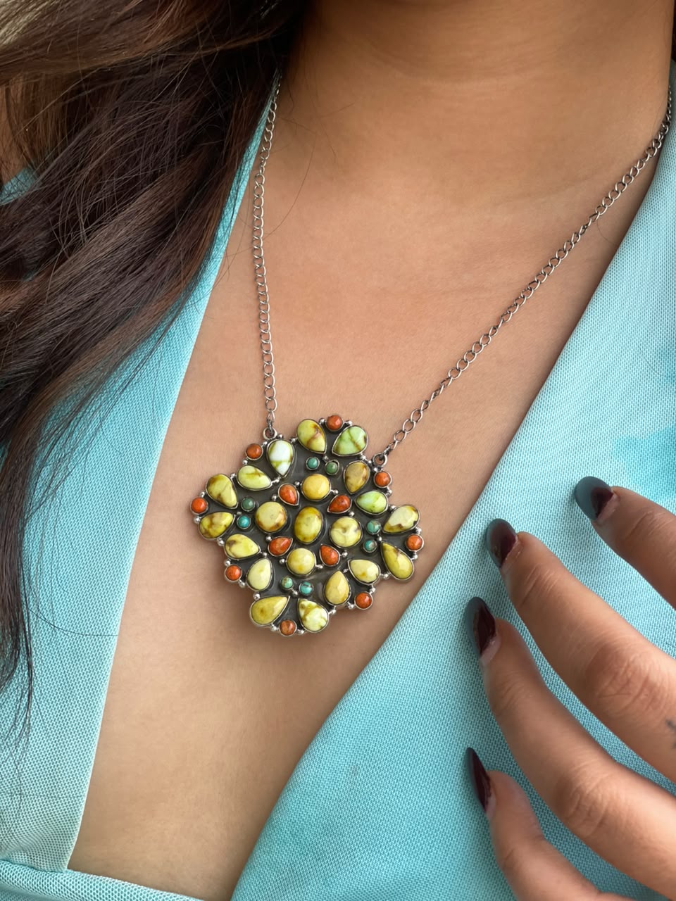 Handmade Sterling Silver Palomino with Kingman Turquoise and Orange Mojave Necklace Signed Nizhoni