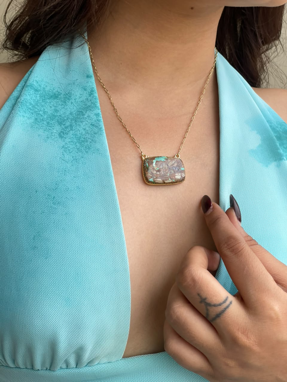 “The Golden Collection” Handmade Sterling Silver Gold Over Silver Ribbon Royston Turquoise Bar Necklace Signed Nizhoni