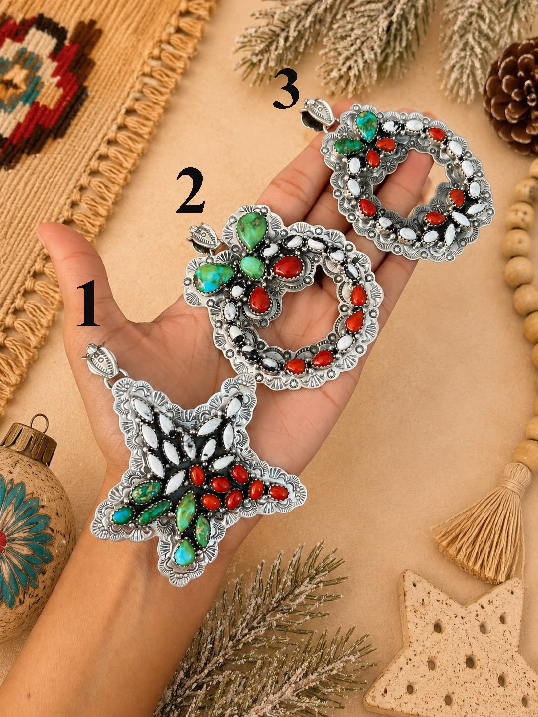 Handmade Sterling Silver Sonoran Mountain Turquoise with Coral and White Buffalo Christmas Ornaments Collection: Pendant Signed Nizhoni