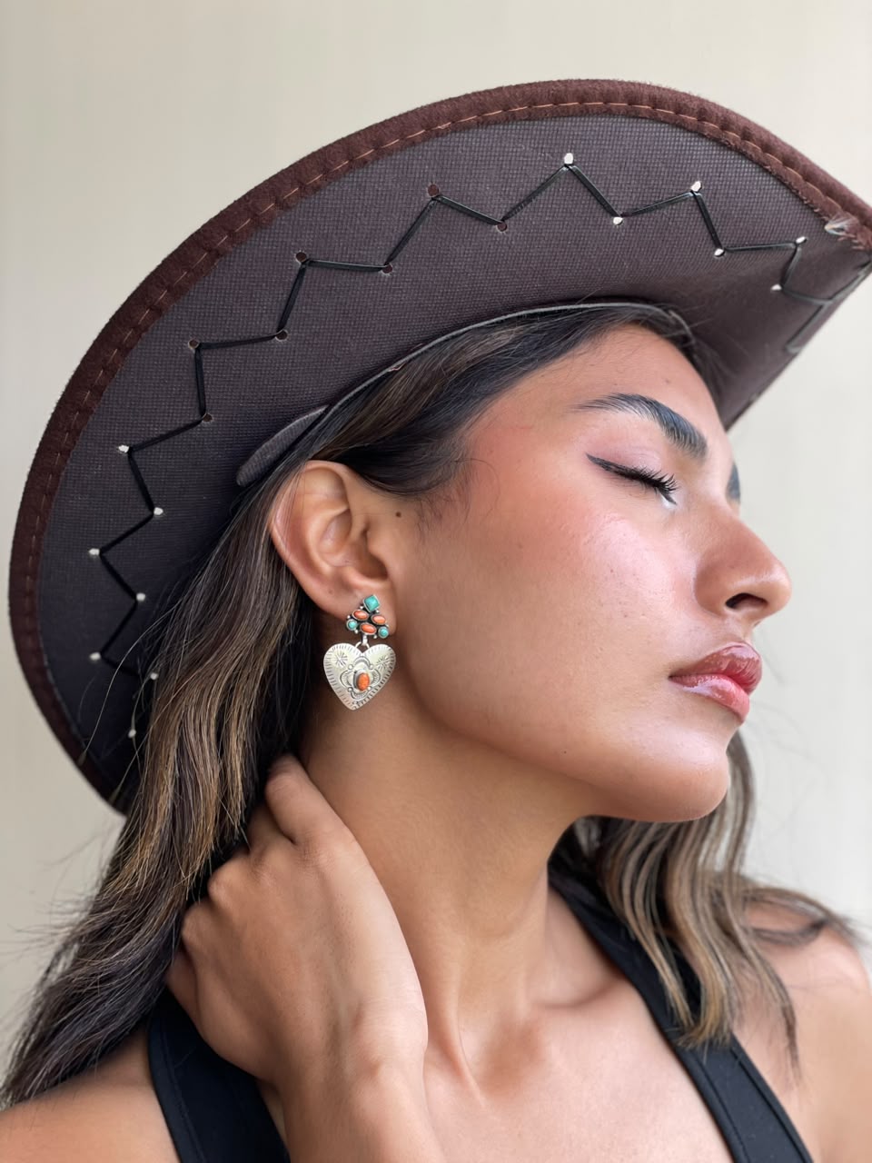 Handmade Sterling Silver Kingman Turquoise with Orange Mojave Post Dangle Heart Earrings Signed Nizhoni