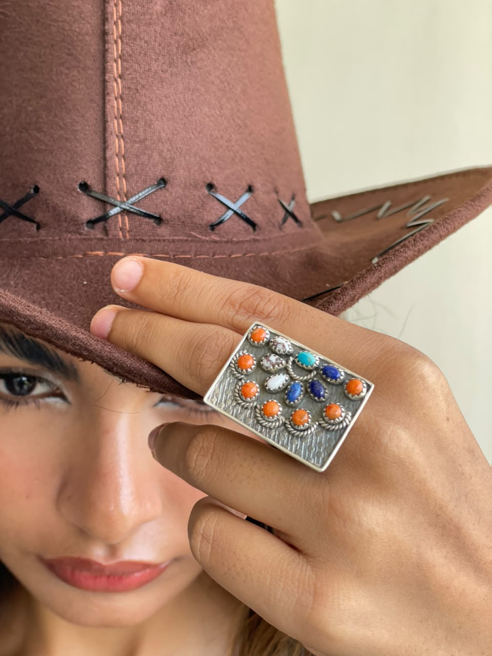 Handmade Sterling Silver Kingman Turquoise with Lapis, Orange Mojave and Wildhorse Magnesite Adjustable Ring Signed Nizhoni