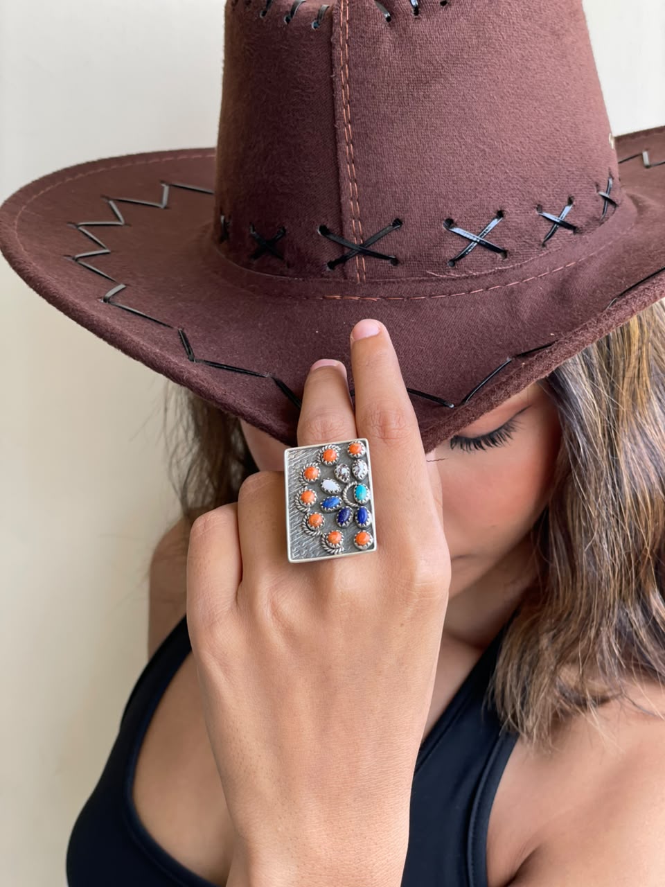Handmade Sterling Silver Kingman Turquoise with Lapis, Orange Mojave and Wildhorse Magnesite Adjustable Ring Signed Nizhoni