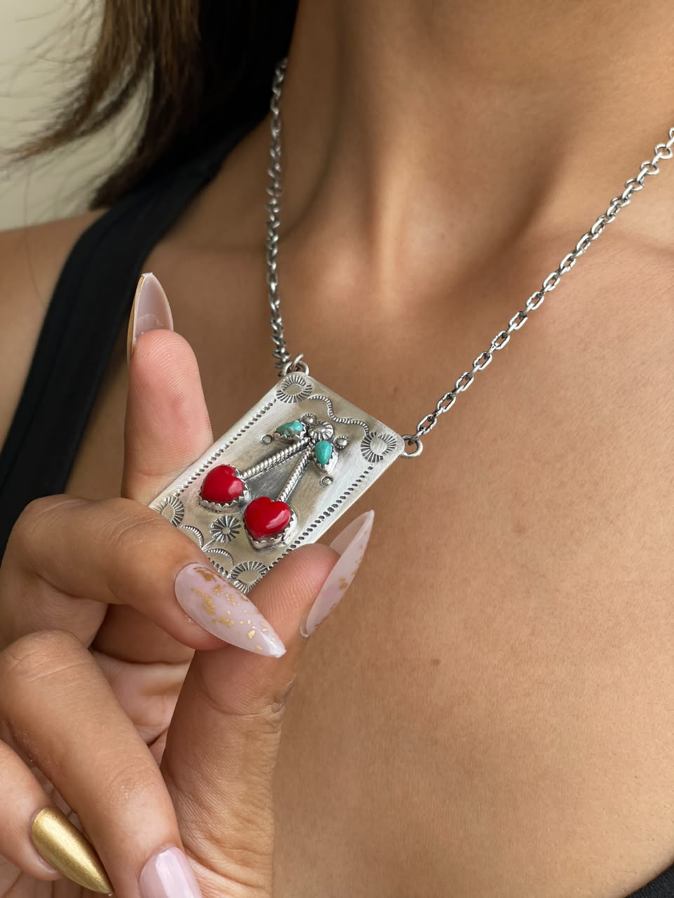 Handmade Sterling Silver Kingman Turquoise with Rosarita Cherry Necklace Signed Nizhoni (4)