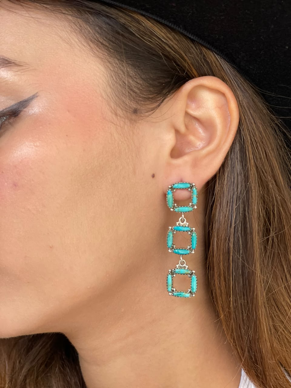 Handmade Sterling Silver Kingman Turquoise Post Dangle Earrings Signed Nizhoni