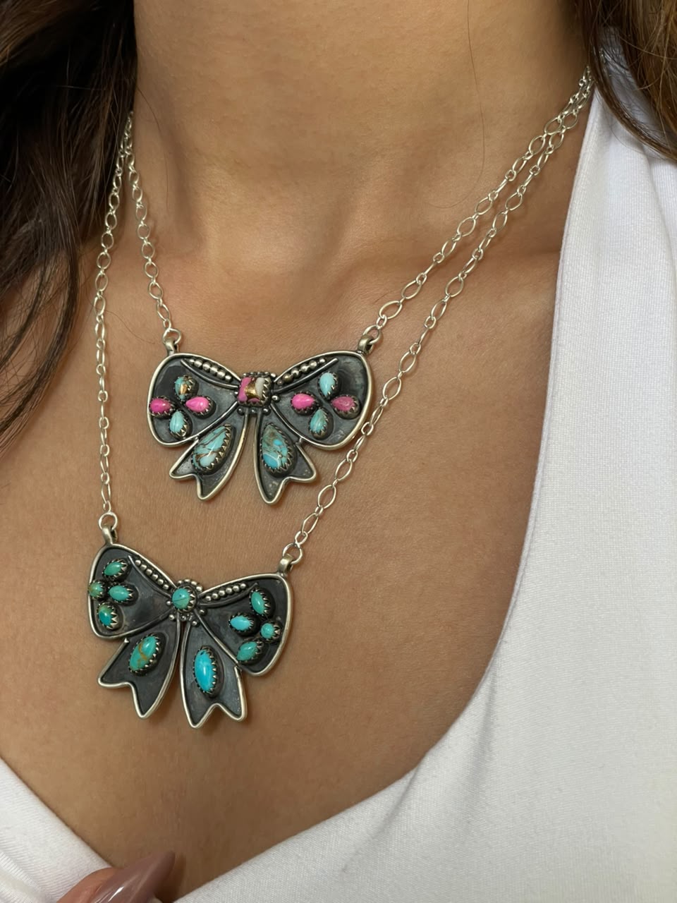 Handmade Sterling Silver Kingman Turquoise and Cotton Candy Bow Necklace Signed Nizhoni