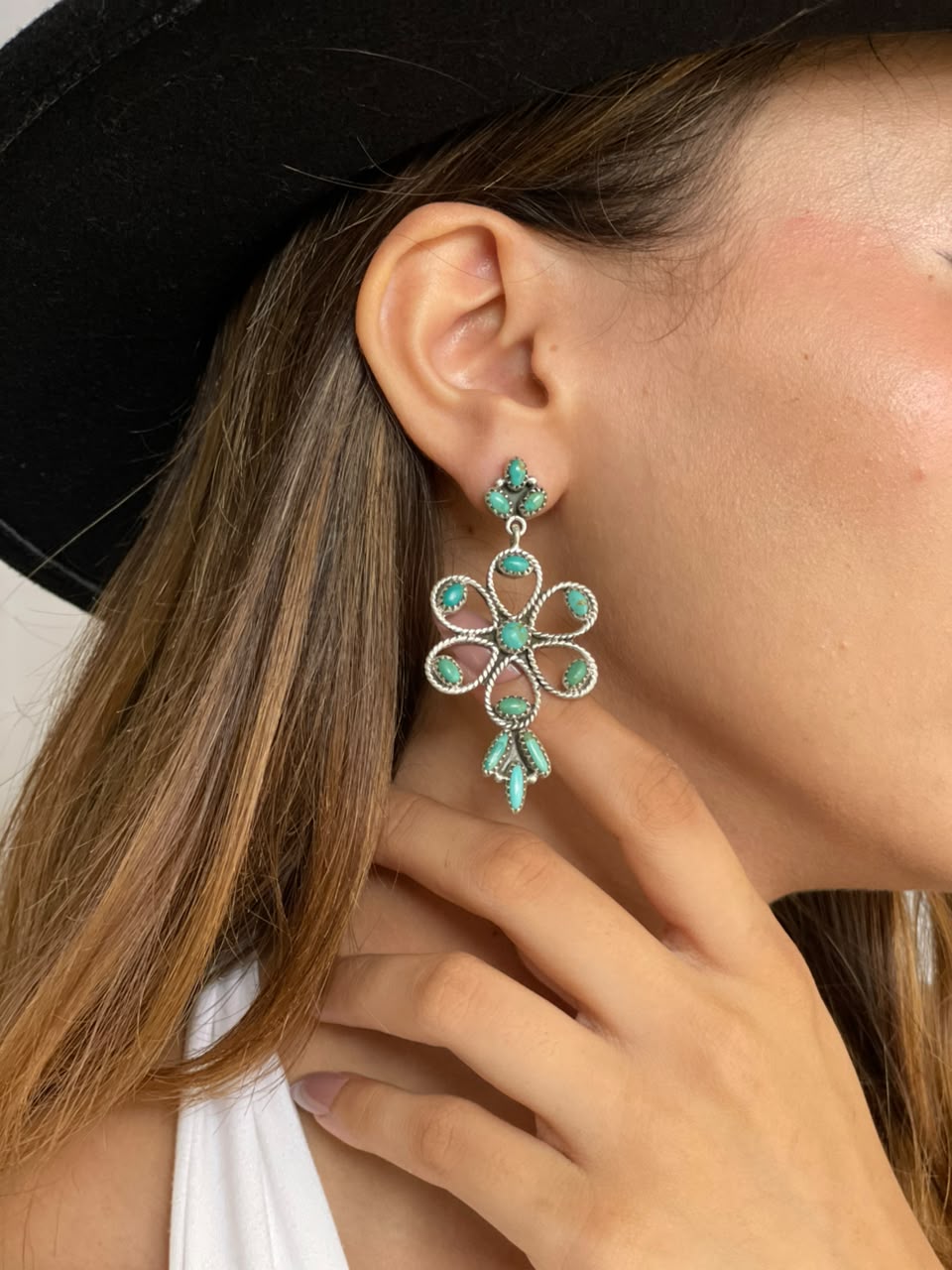 Handmade Sterling Silver Kingman Turquoise Post Dangle Earrings Signed Nizhoni