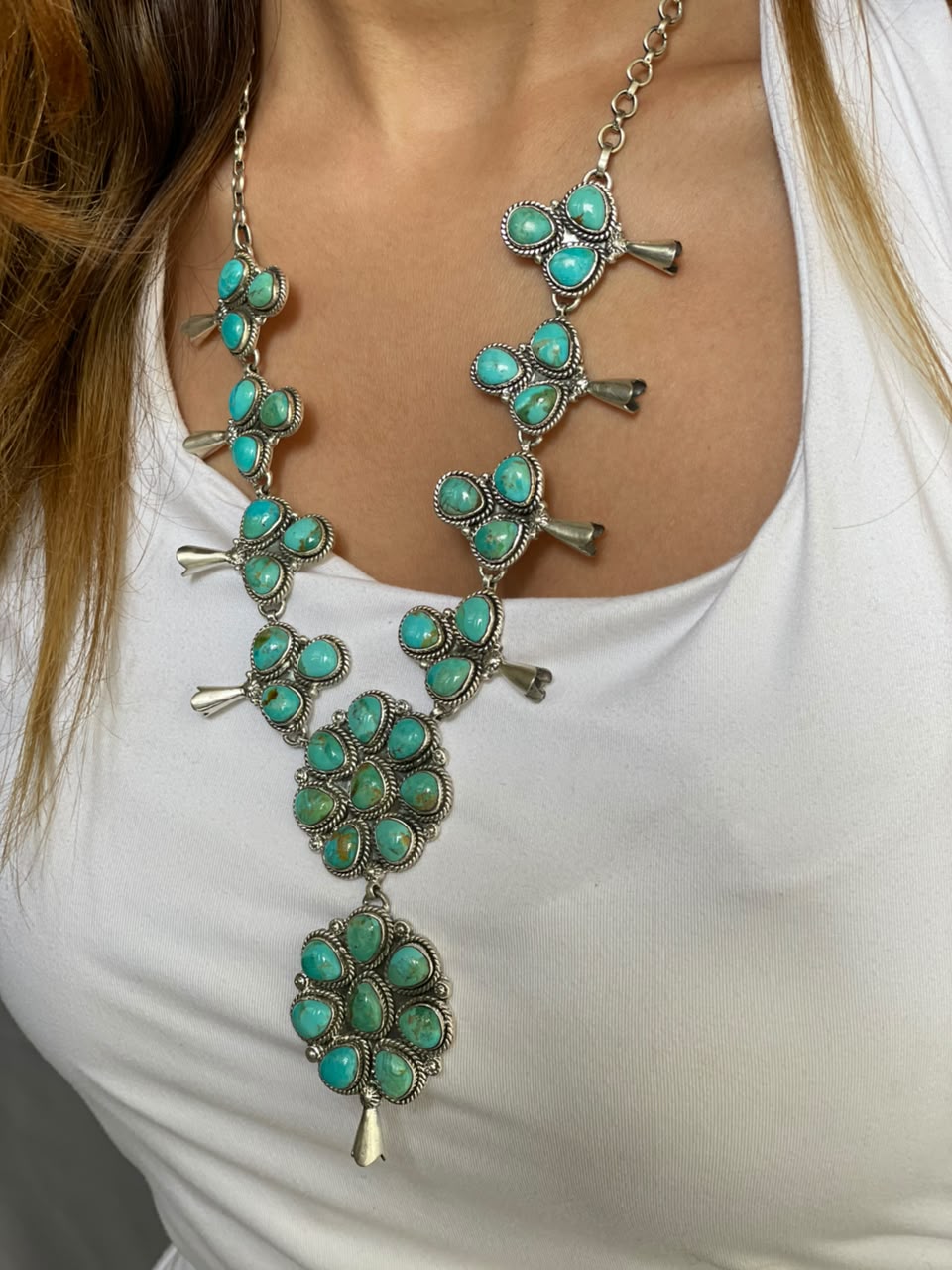 Handmade Sterling Silver Kingman Turquoise Squash Blossom Necklace Signed Nizhoni