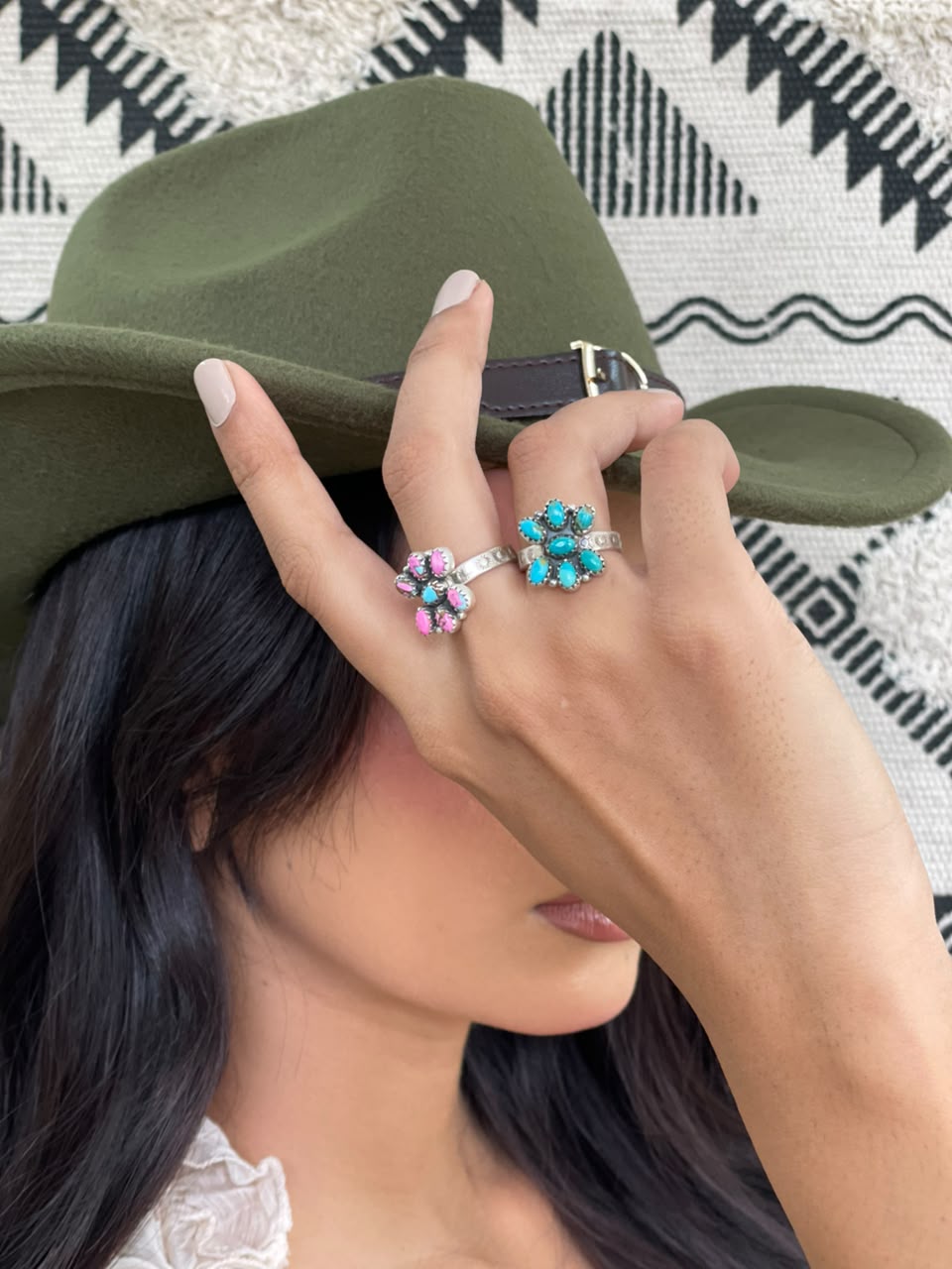 Handmade Sterling Silver Kingman Turquoise and Cotton Candy Adjustable Ring Signed Nizhoni