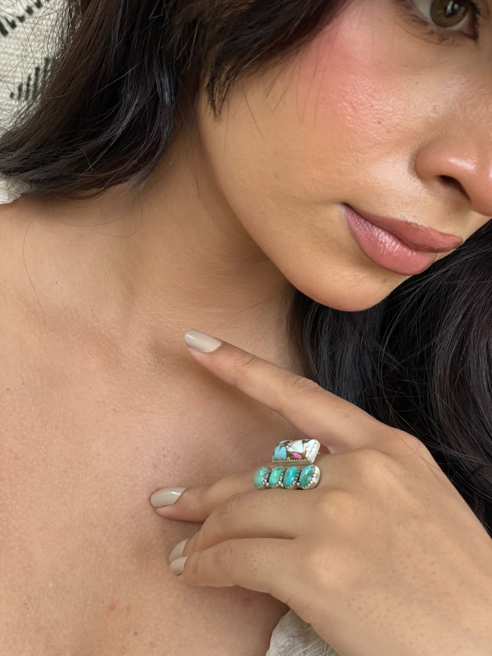 Handmade Sterling Silver Cotton Candy with Kingman Turquoise Adjustable Ring Signed Nizhoni