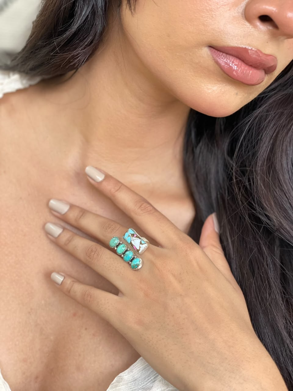 Handmade Sterling Silver Cotton Candy with Kingman Turquoise Adjustable Ring Signed Nizhoni