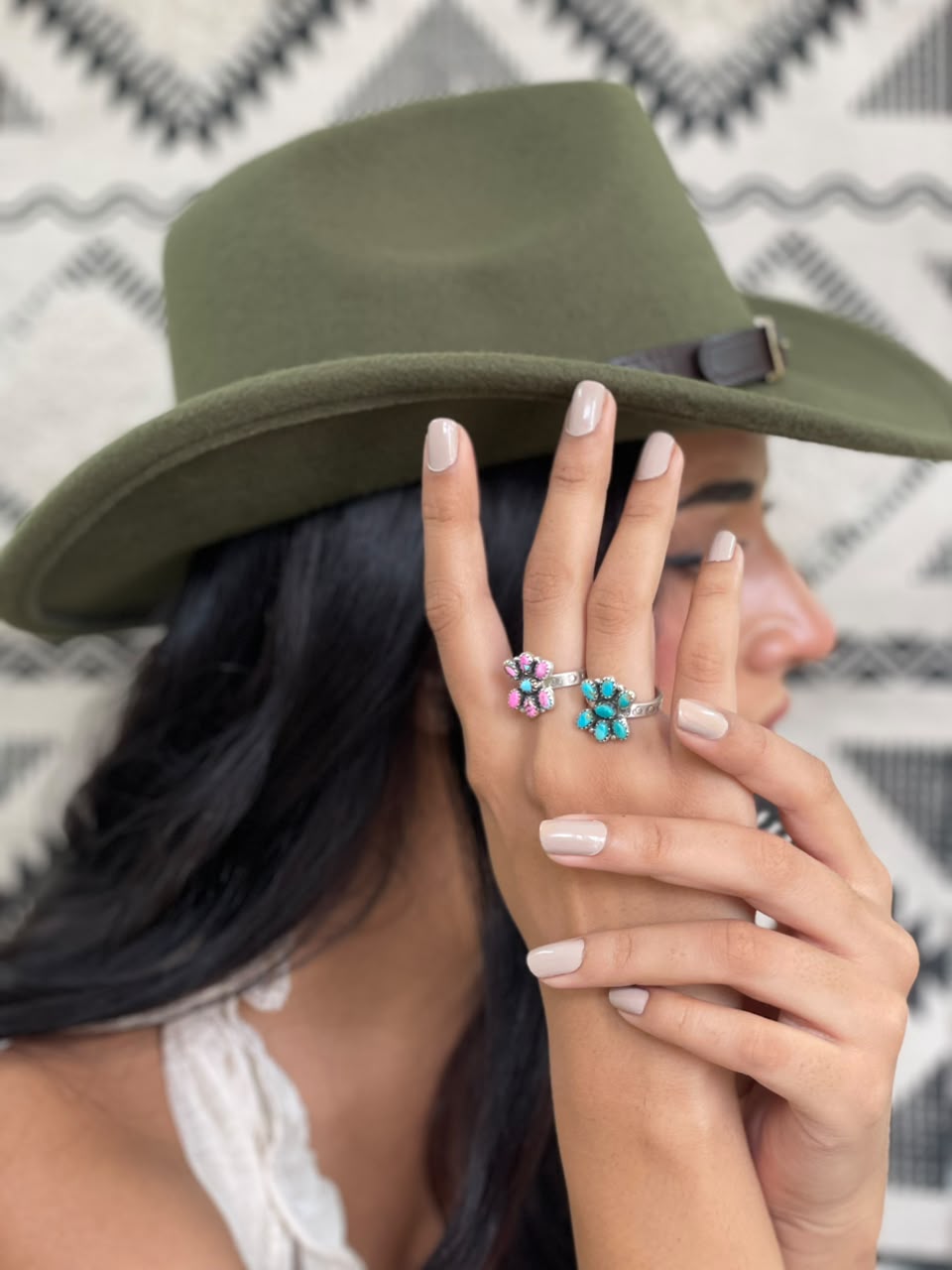 Handmade Sterling Silver Kingman Turquoise and Cotton Candy Adjustable Ring Signed Nizhoni