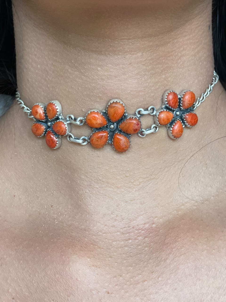 Handmade Sterling Silver Orange Mojave Choker Necklace Signed Nizhoni