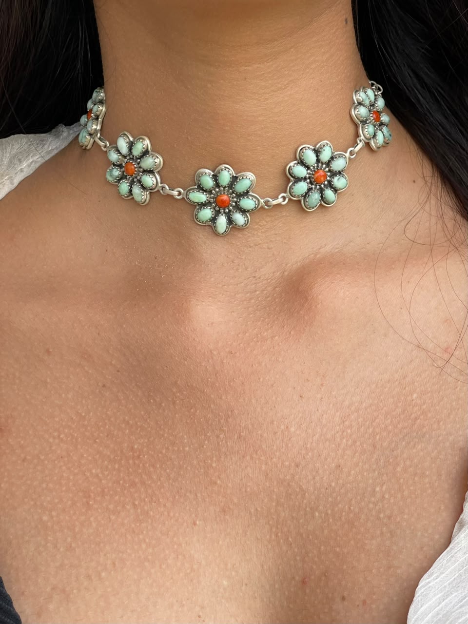Handmade Sterling Silver Paloma Turquoise with Orange Mojave Choker Necklace Signed Nizhoni