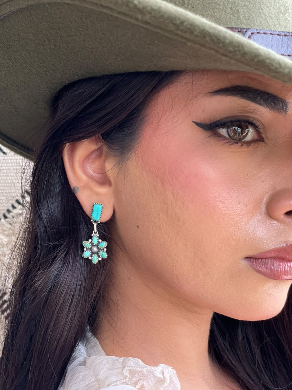 Handmade Sterling Silver Kingman Turquoise Post Dangle Earrings Signed Nizhoni