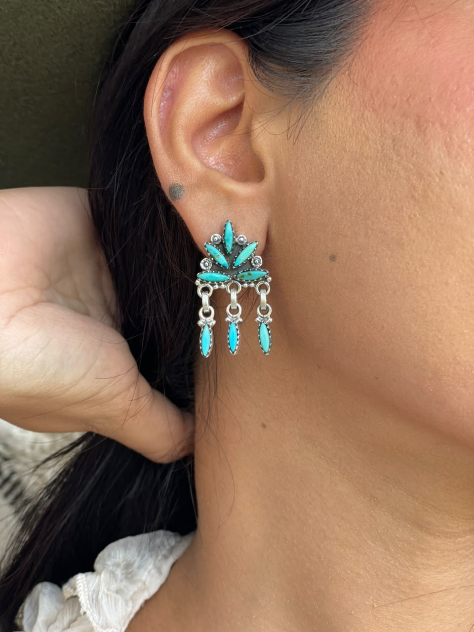 Handmade Sterling Silver Kingman Turquoise Post Dangle Earrings Signed Nizhoni