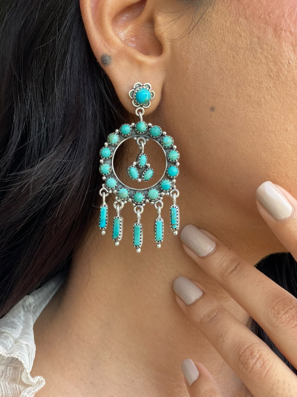 Handmade Sterling Silver Kingman Turquoise Post Dangle Earrings Signed Nizhoni