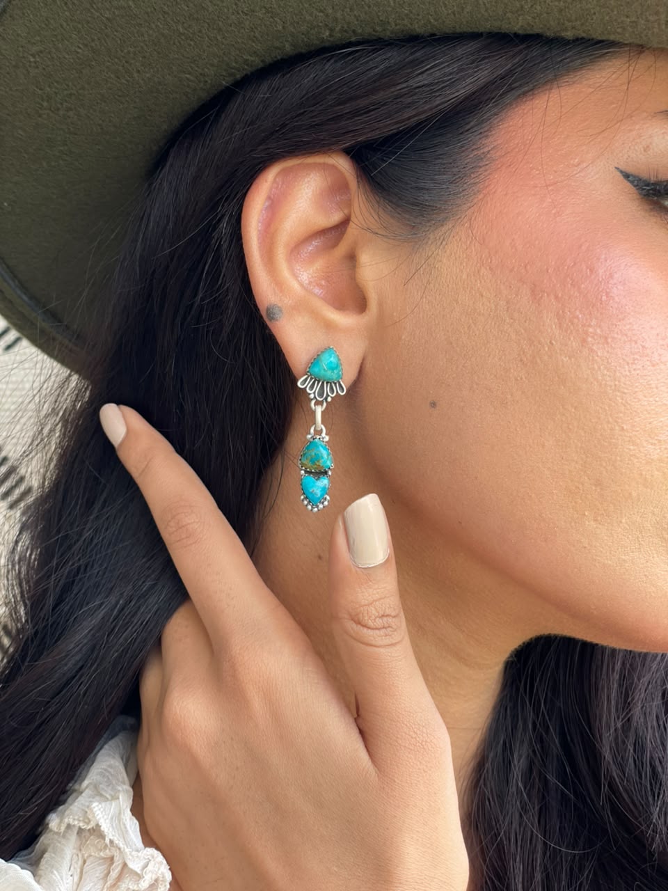 Handmade Sterling Silver Kingman Turquoise Post Dangle Earrings Signed Nizhoni